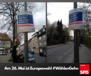 Ortsvereinvorsitzender Armin Bembennek hängt gerade das letzte Plakat auf.